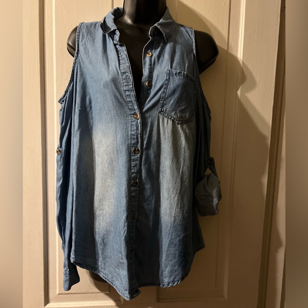 Denim Cut Out Button Down Top